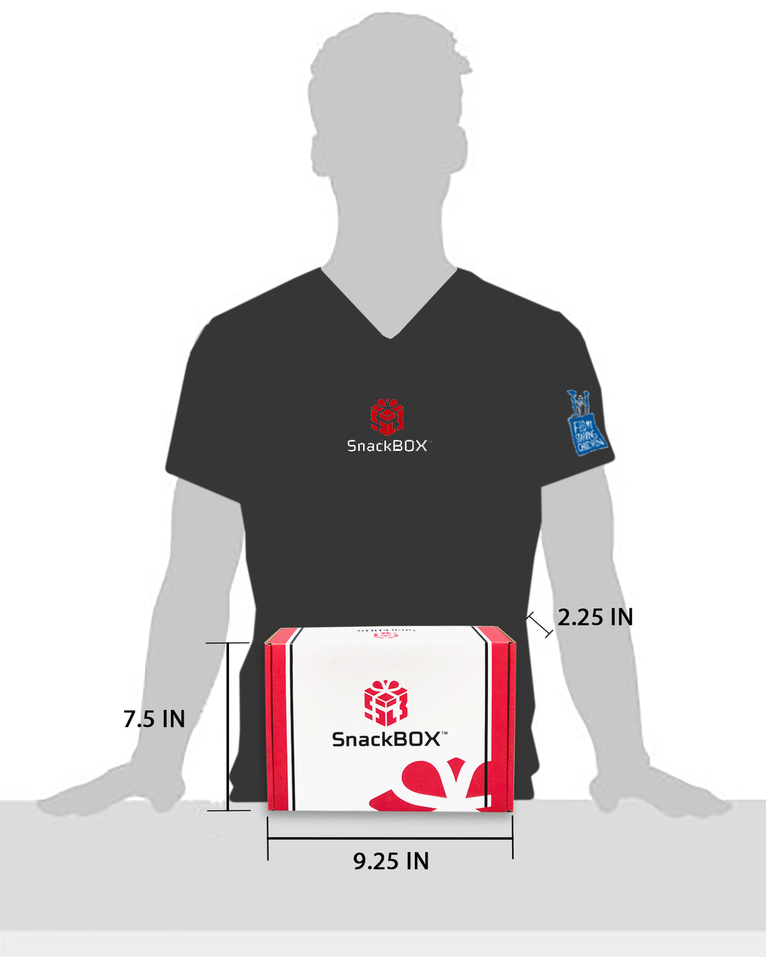 size chart of snackbox comparison to a human. Size is 2.25 in by 7.5 in by 9.25 in