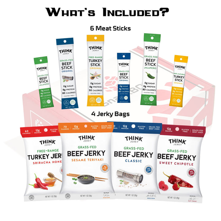 Think Jerky Beef Jerky Bags Beef Stick Jalapeno Original Turkey stick sriracha honey sweet chipotle classic and sesame teriyaki