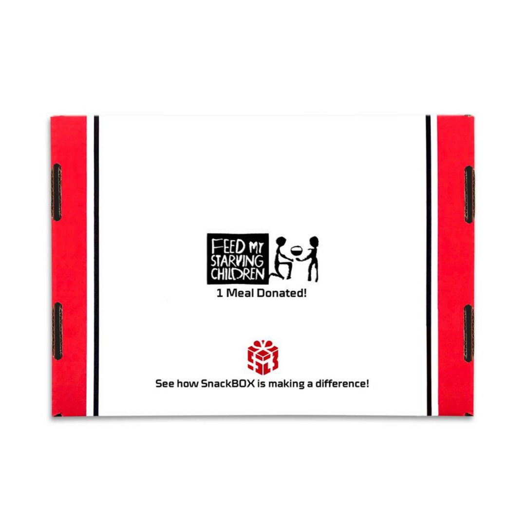 Back of snackbox showing donation to feed my starving children and mission website link