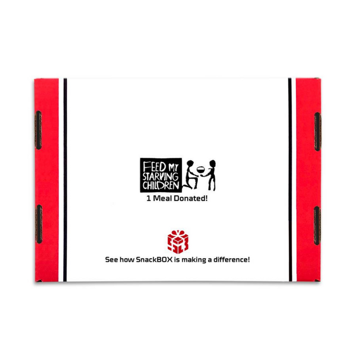 Back of snackbox showing donation to feed my starving children and mission website link