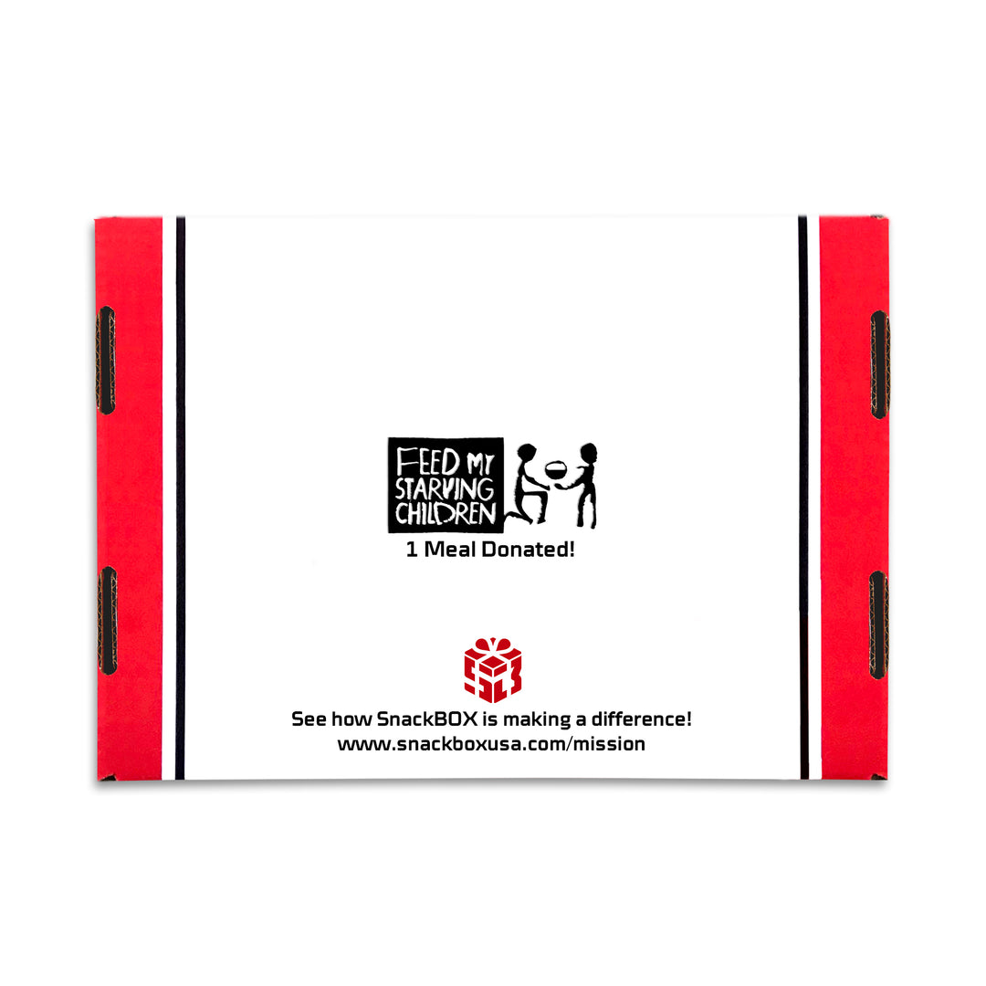 Back of snackbox showing donation to feed my starving children and mission website link