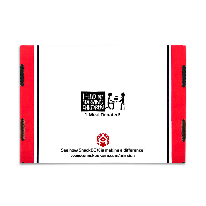 Back of snackbox showing donation to feed my starving children and mission website link