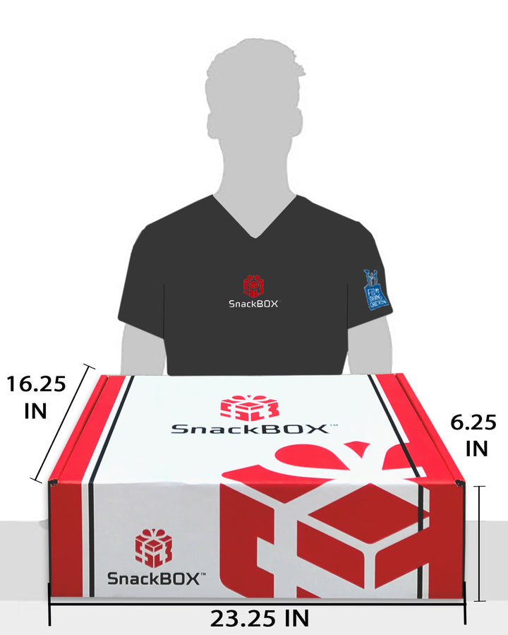 Snackbox dimension photo with person, Dimensions are 23.25 inches by 5.25 inches by 16.25 inches