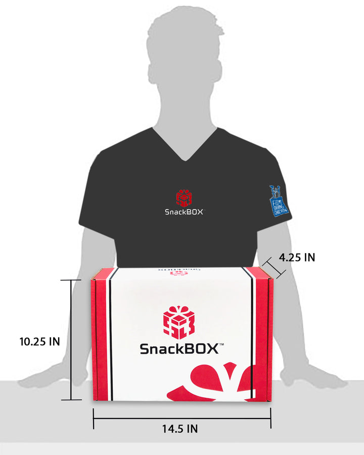Snackbox dimension photo with person, Dimensions are 10.25 inches by 4.25 inches by 14.5 inches