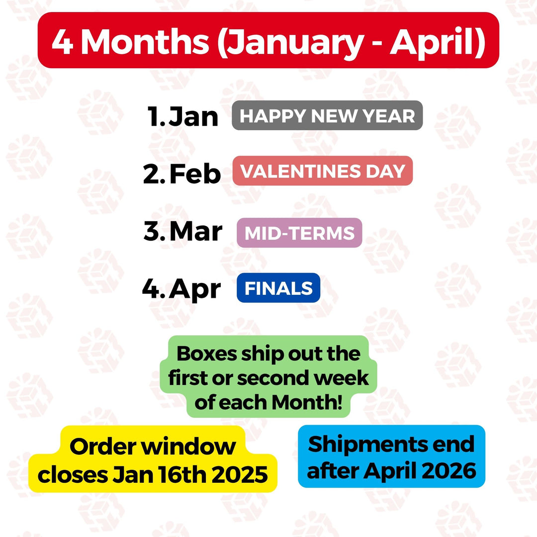 PREPAID (2025/2026) College Student SnackBOX Care Package Subscription Program | 4 Pack BUNDLE | January - April