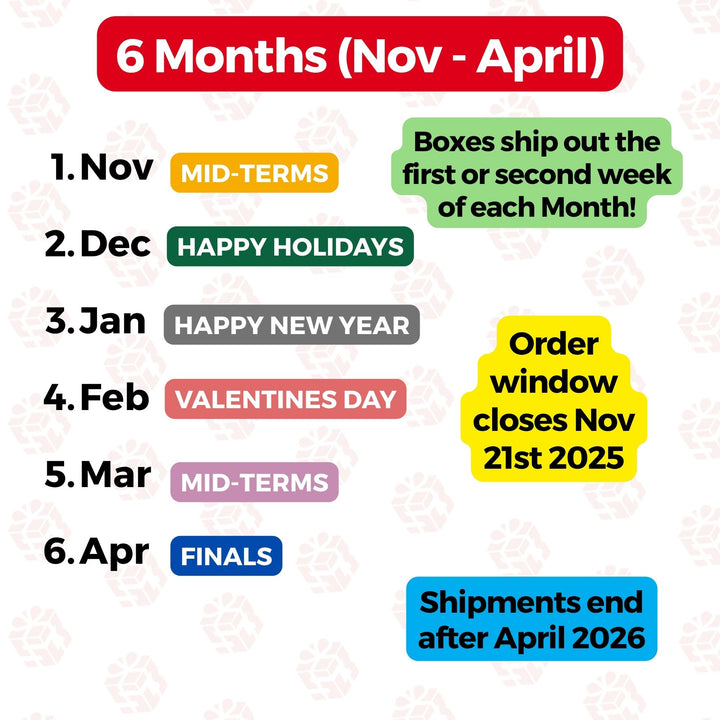 PREPAID (2025/2026) College Student SnackBOX Care Package Subscription Program | 6 Pack BUNDLE | Nov - April