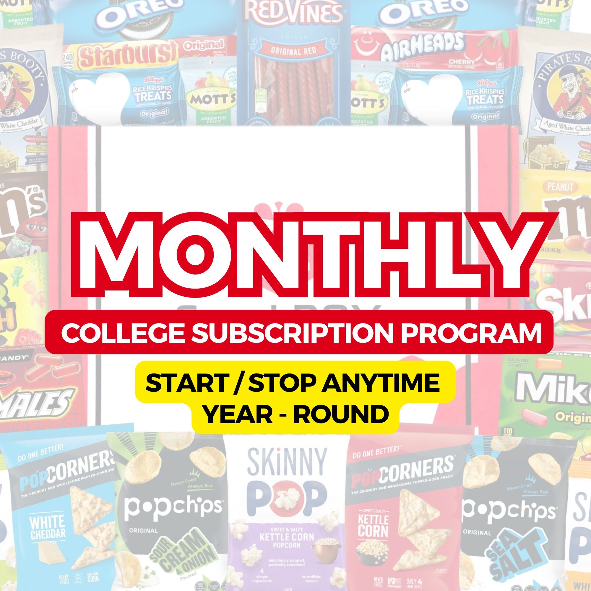 Monthly college student snack box subscription program with rotating boxes delivered each month