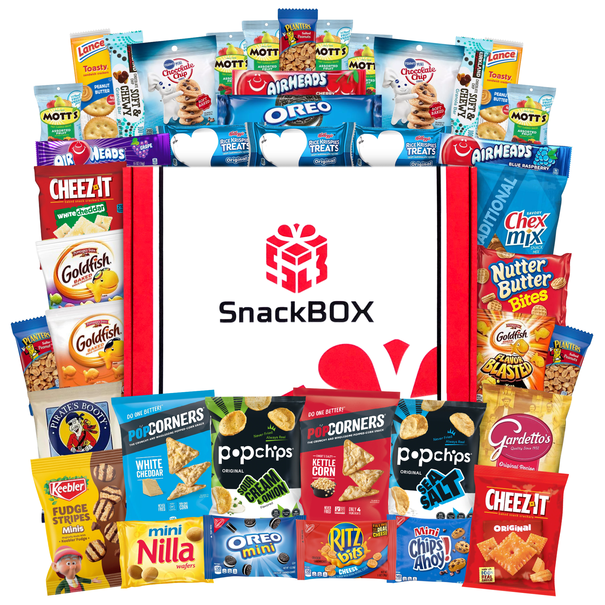 SnackBOX college care package filled with premium brand-name snacks for college students