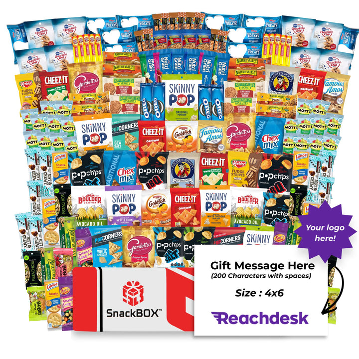 ORIGINAL OFFICE VARIETY CATERING CARE PACKAGE (150 Snacks) + Logo Note Card