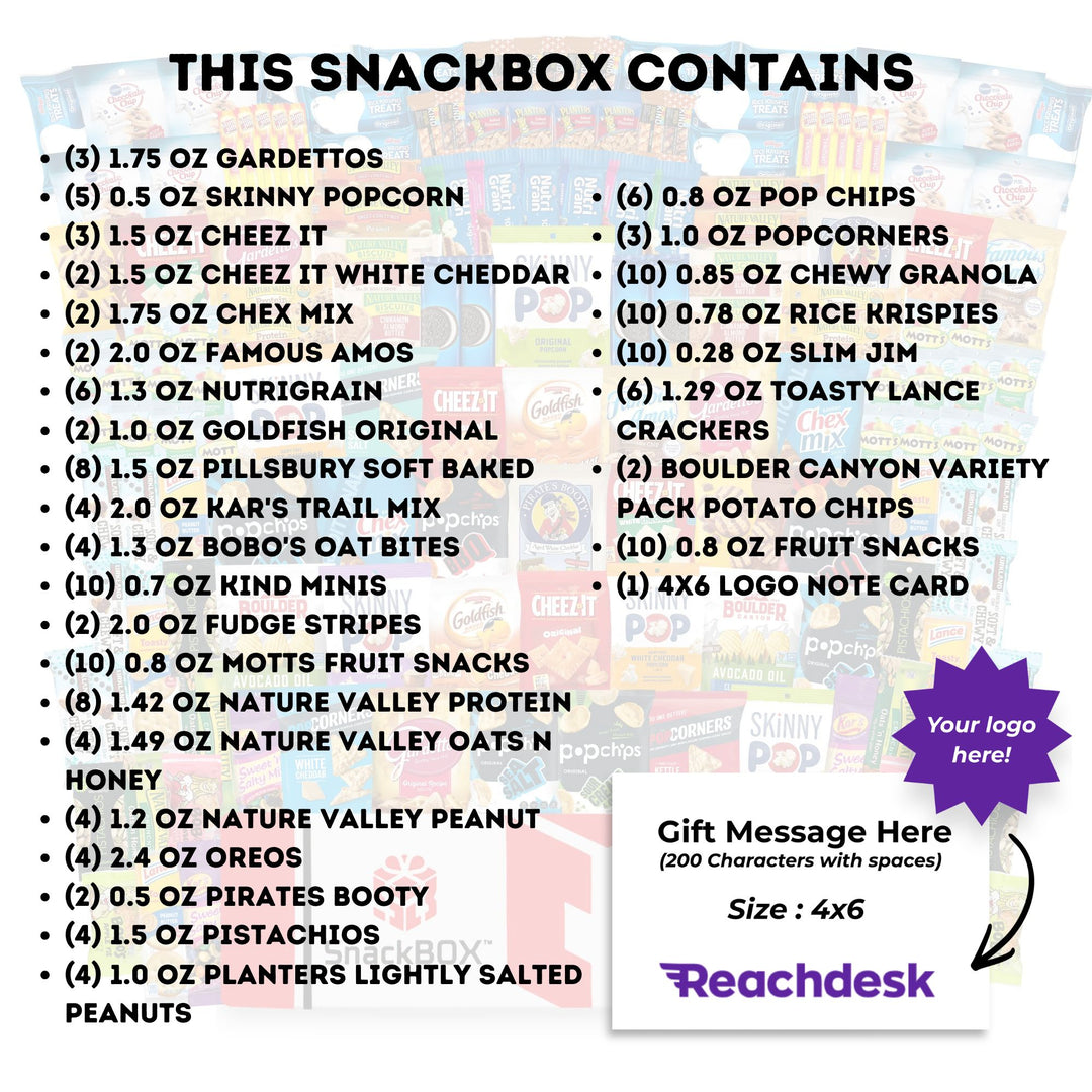 ORIGINAL OFFICE VARIETY CATERING CARE PACKAGE (150 Snacks) + Logo Note Card