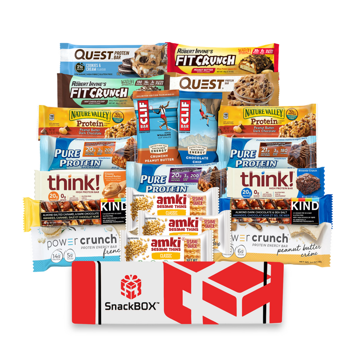 protein bar snack box care package with whey soy protein bars chocolate peanut butter vanilla mint cookies and cream nuts and spices