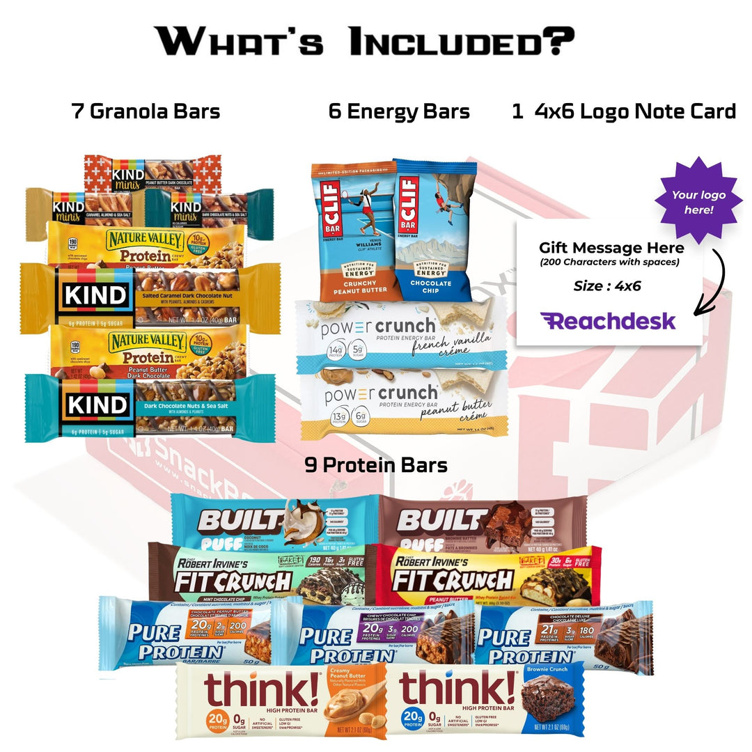 The Builder's Protein Care Package (20 Snacks) | From SnackBOX + Logo Note Card