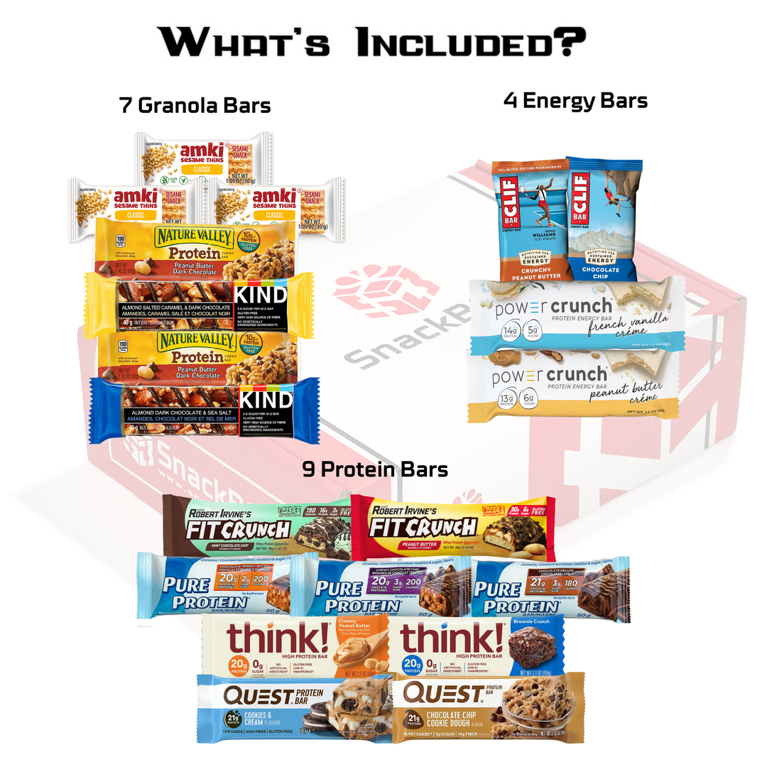protein bar snack box care package with whey soy protein bars chocolate peanut butter vanilla mint cookies and cream nuts and spices