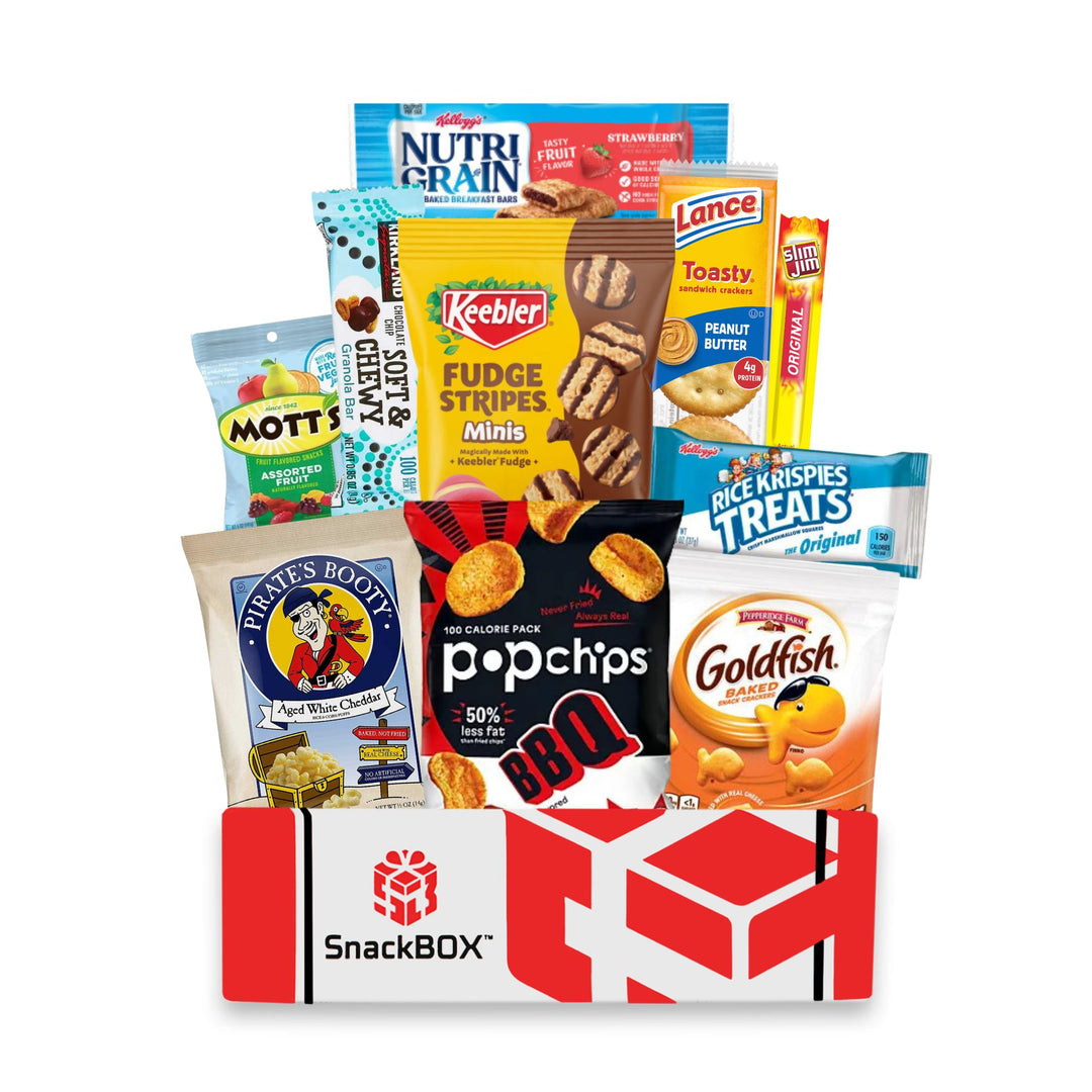 Assorted snack packages from various brands in front of a white background with 'SnackBOX' branding.