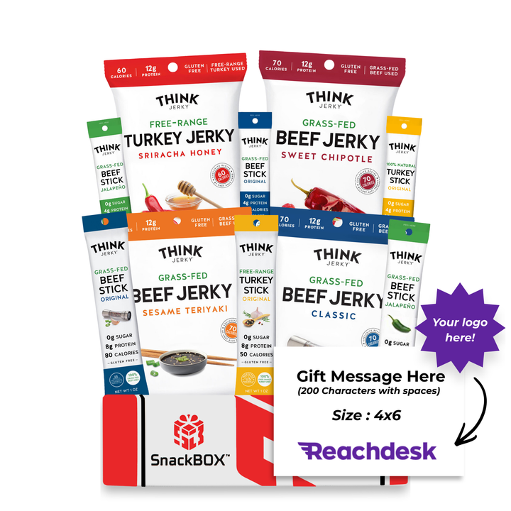 Think Jerky Grass Fed Beef Free Range Turkey Jerky Care Package (10 Snacks) | By SnackBOX + Logo Note Card