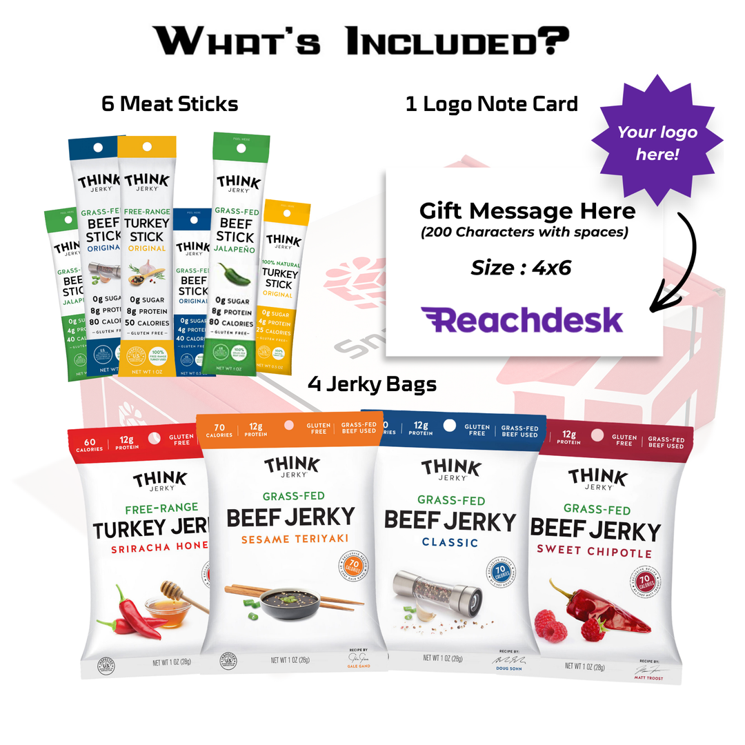 Think Jerky Grass Fed Beef Free Range Turkey Jerky Care Package (10 Snacks) | By SnackBOX + Logo Note Card