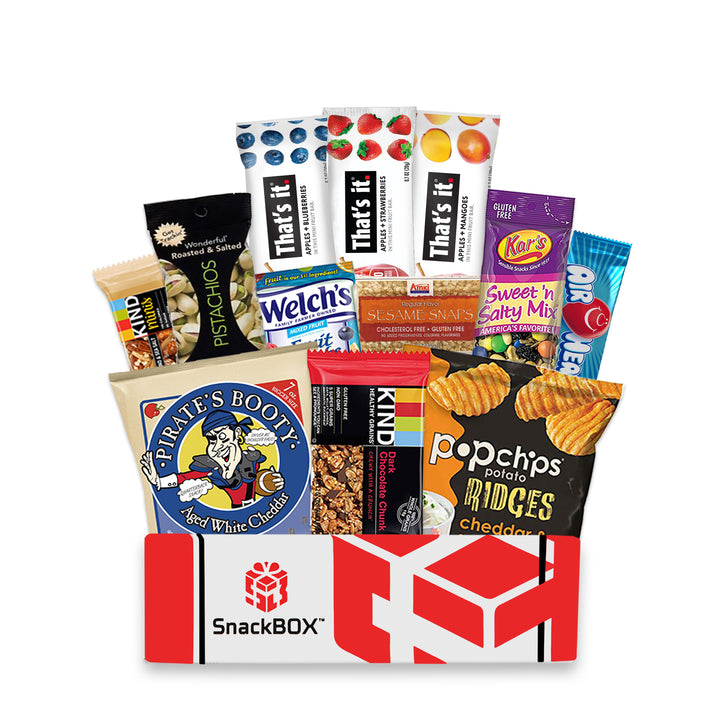 Gluten Free Sweet and Salty SnackBOX Care Package (12 COUNT) That's it bars, pirates booty, popchips, kind granola bars, welches, pistachios, amki sesame bars, kars trail mix, air heads