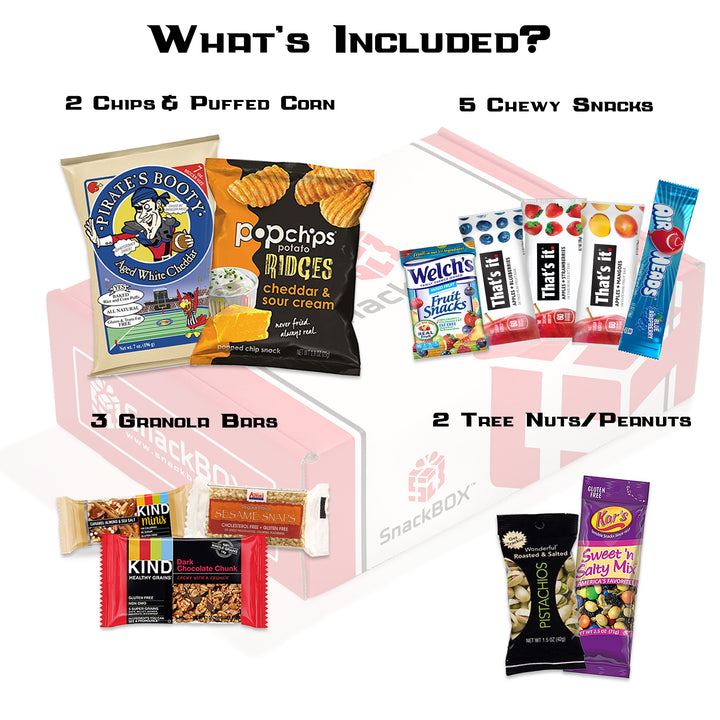 Gluten Free Sweet and Salty SnackBOX Care Package (12 COUNT) That's it bars, pirates booty, popchips, kind granola bars, welches, pistachios, amki sesame bars, kars trail mix, air heads