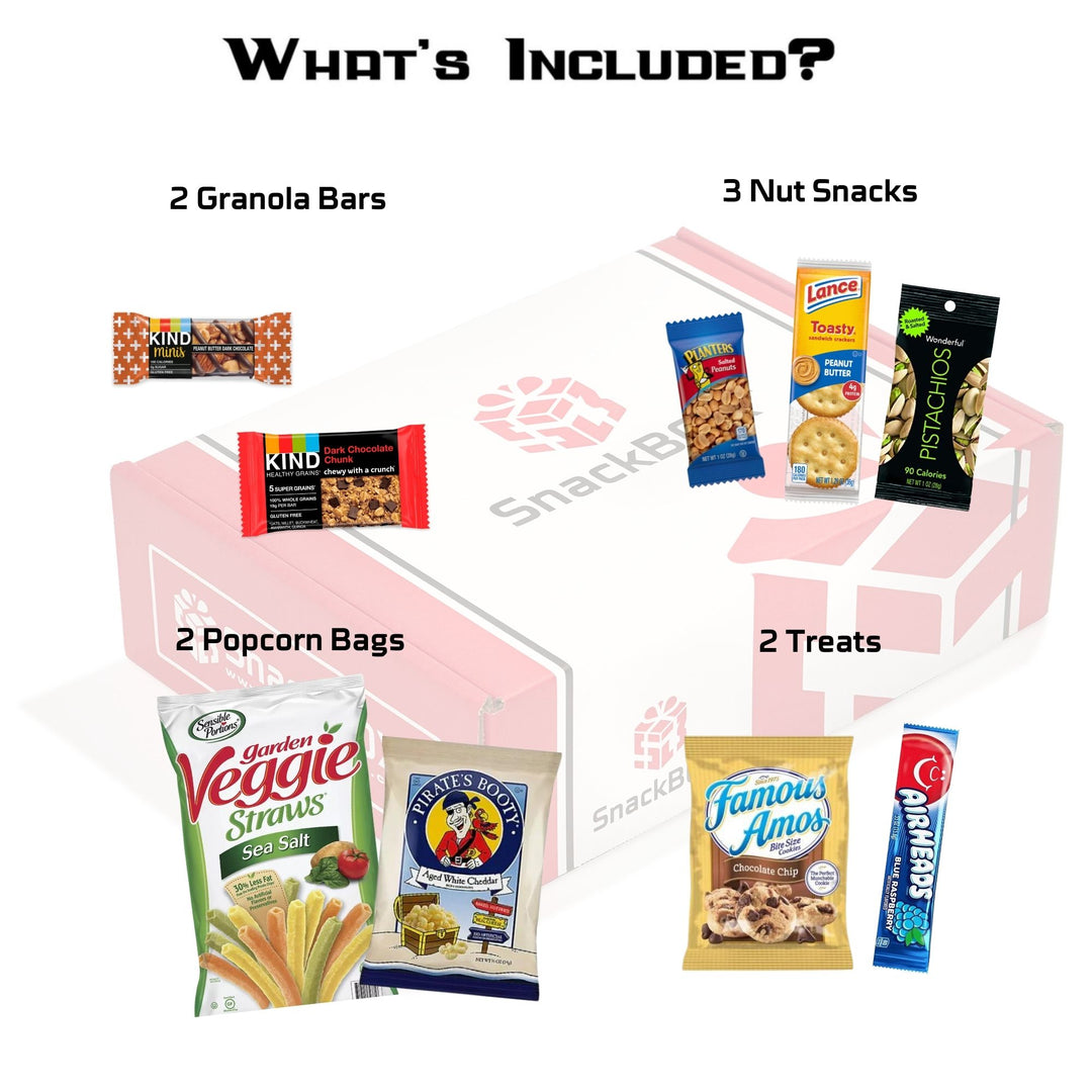Kosher Friendly Care Package (9 Count) Veggie straw, pirates booty, pistachios, famous amos, kind granola, kind mini, planters peanuts, lance toasty peanut butter cracker, airheads