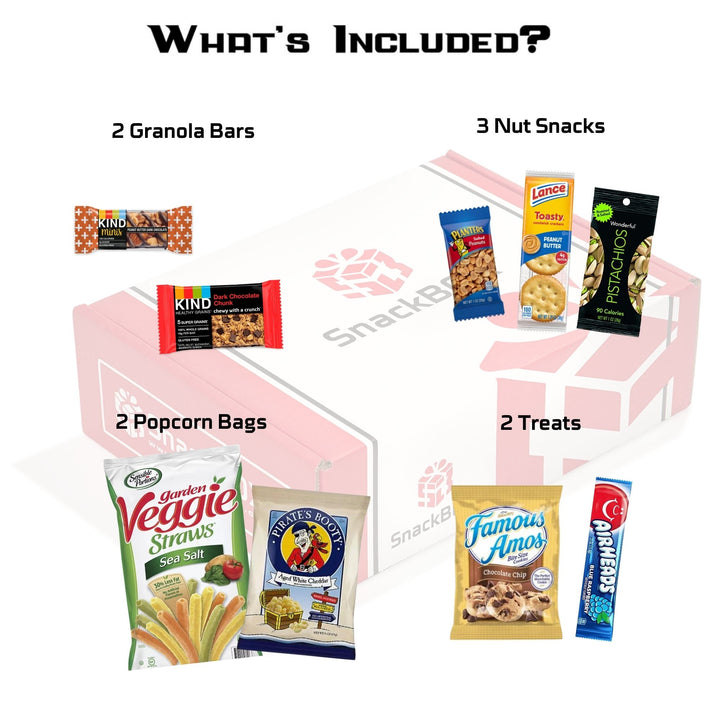 Kosher Friendly Care Package (9 Count) Veggie straw, pirates booty, pistachios, famous amos, kind granola, kind mini, planters peanuts, lance toasty peanut butter cracker, airheads
